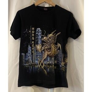 DISCOVER HONG KONG GLOW IN THE DARK WRAP‎ AROUND DRAGON BLACK T SHIRT Medium